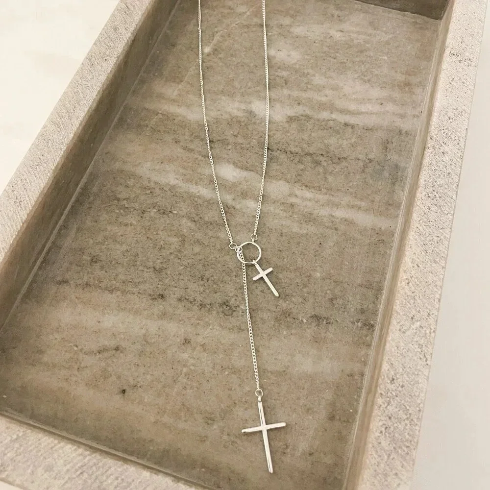 925 Sterling Silver Lariat Cross Necklace Cross Chain Long Drop Necklace - Picture 3 of 6